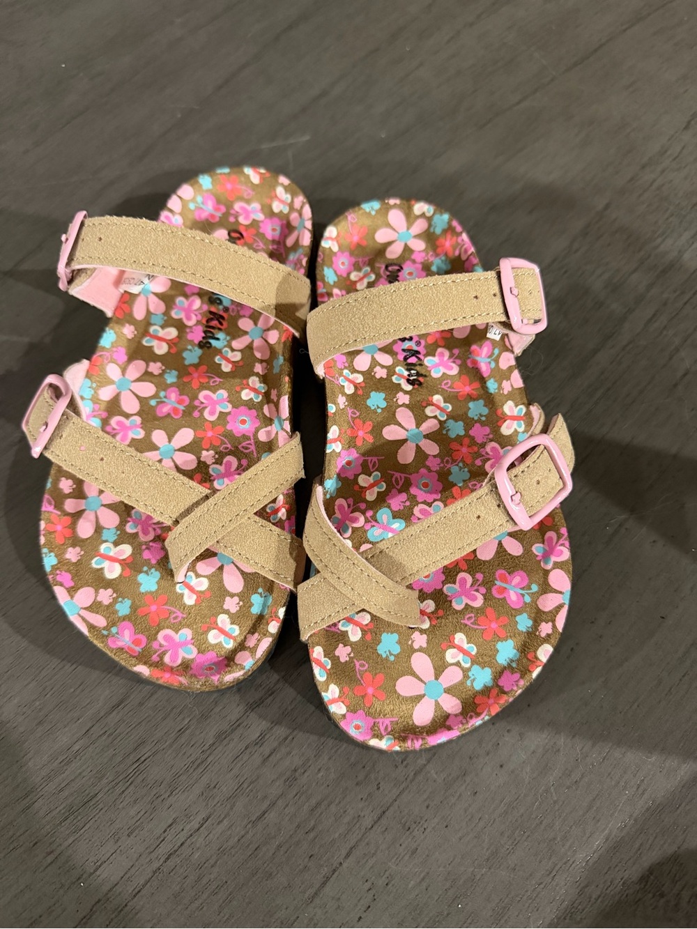 Girls' Floral Pink and Tan Adjustable Strap Sandals